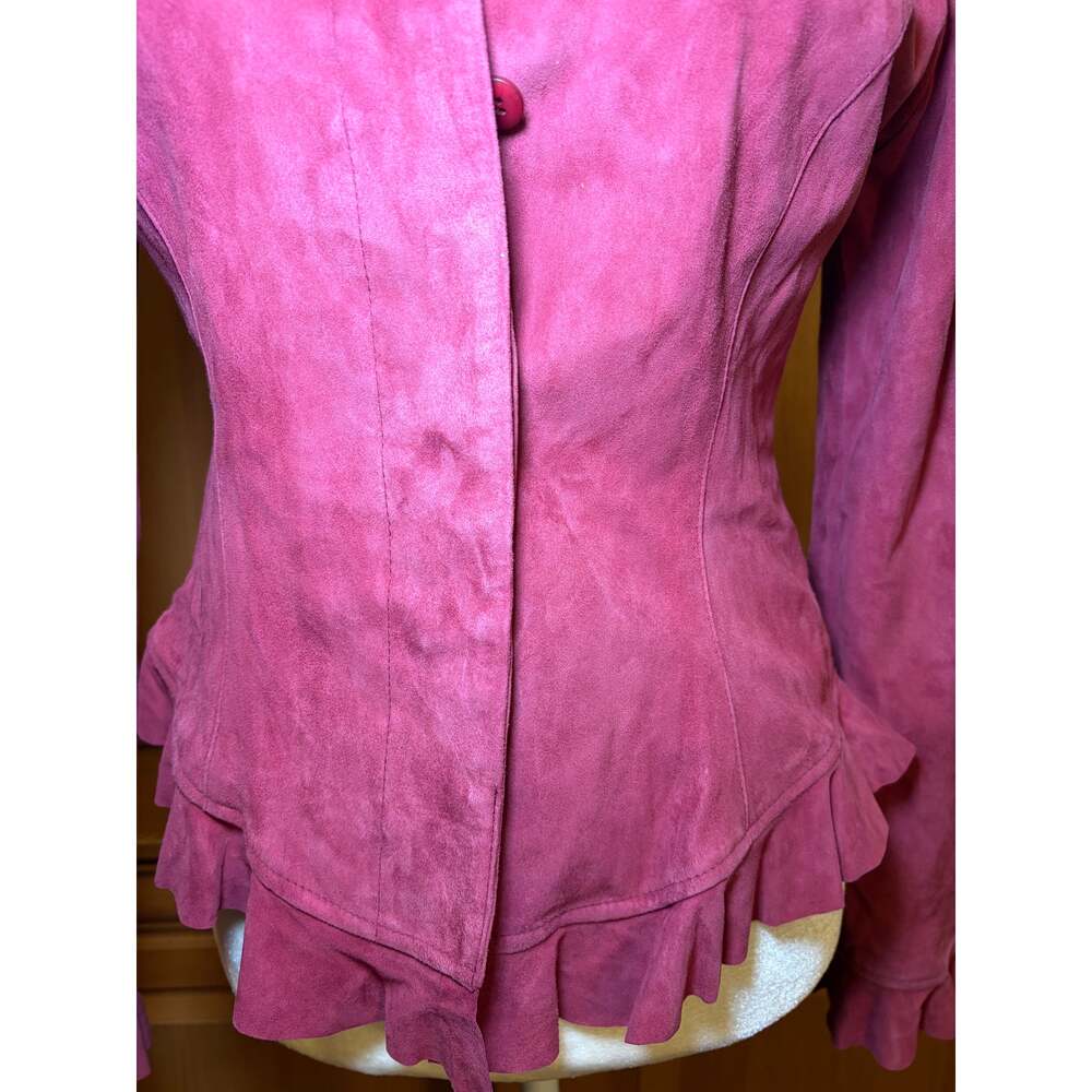 Caché Raspberry Pink Genuine Suede Ruffle Trim Fitted Jacket S - Picture 2 of 8